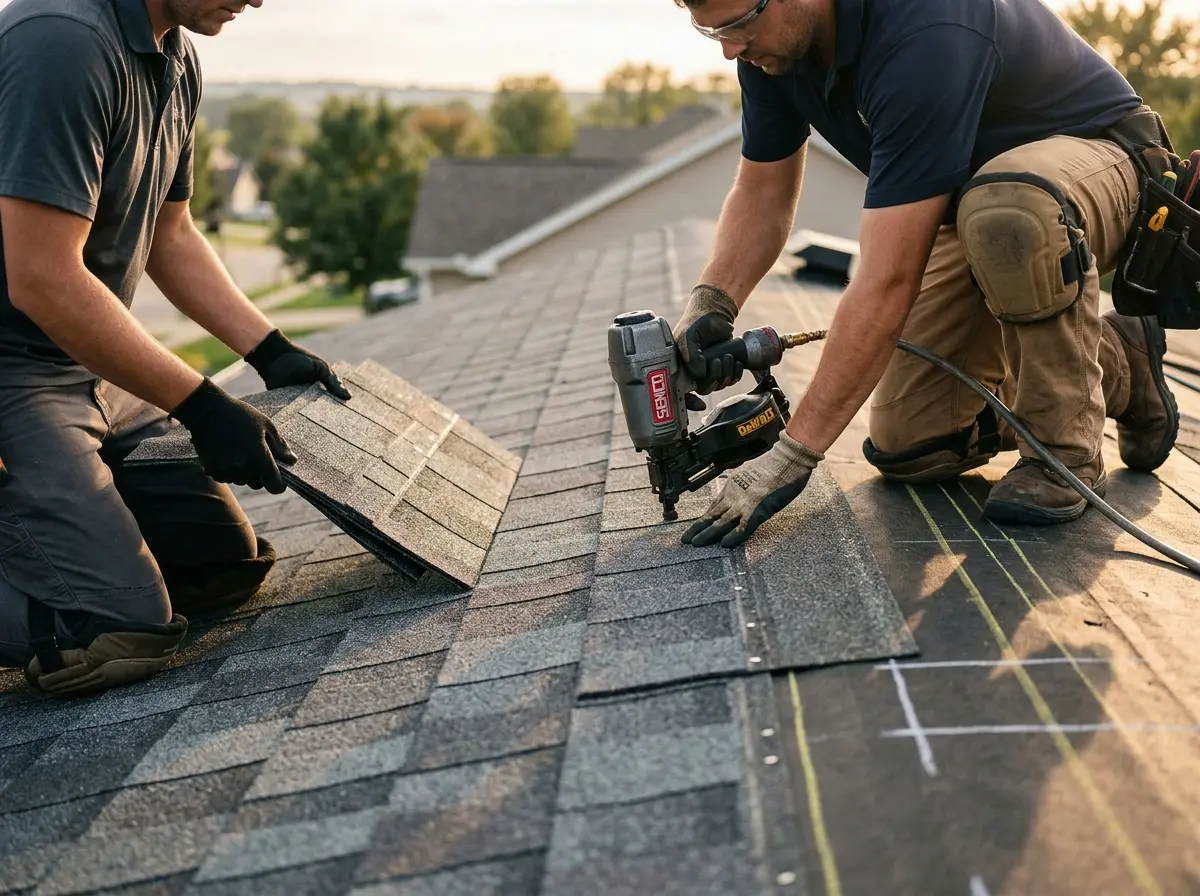 Professional roofer working on a residential roof in Taft